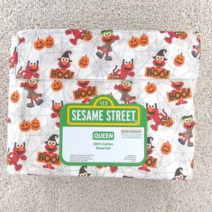 Sesame Street Elmo Halloween Queen Sheet Set 4pc 100% Cotton Boo Pumpkins New